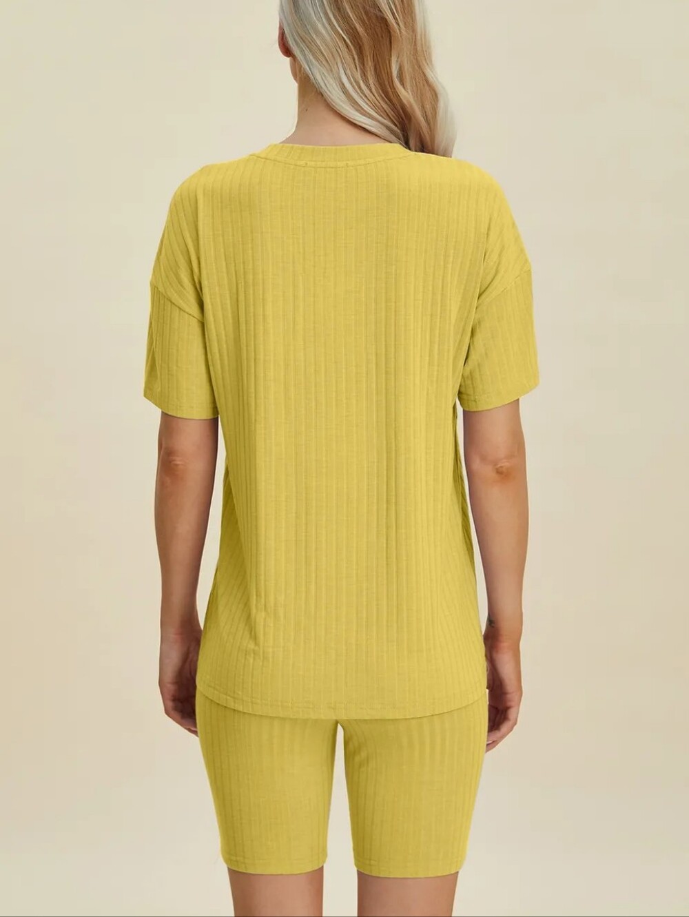 🌸Basic Bae Yellow Ribbed V Neck Short Sleeve Top and Shorts Set - Picture 2 of 2